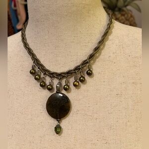 Agate Brown Stone and Olive Beaded Pendant Necklace with Beaded Accents NWOT